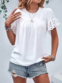 SHEIN VCAY 網眼刺繡荷葉袖襯衫 - 白色 - 查看 3