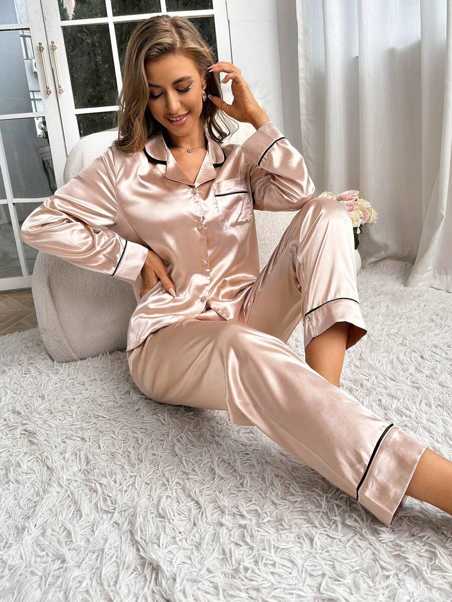 Contrast Binding Satin PJ Set / Pajama Set, Fall Clothes Cozy And Elegant Details, Winter - Champagne - View 1