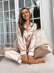 Contrast Binding Satin PJ Set / Pajama Set, Fall Clothes Cozy And Elegant Details, Winter - Champagne - View 3