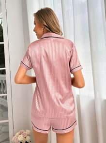 条纹提花撞色滚边缎面睡衣套装/睡衣套装 - 淺粉色 - 查看 2