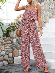 SHEIN VCAY In hoa Báo Cà vạt vai Bộ áo liền quần Cami - Đỏ - Xem 1