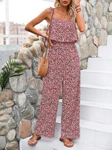 SHEIN VCAY In hoa Báo Cà vạt vai Bộ áo liền quần Cami - Đỏ - Xem 3