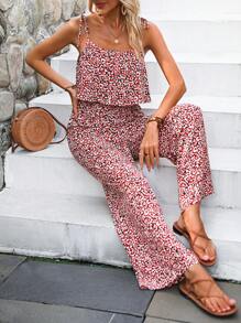 SHEIN VCAY In hoa Báo Cà vạt vai Bộ áo liền quần Cami - Đỏ - Xem 5