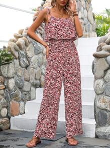 SHEIN VCAY In hoa Báo Cà vạt vai Bộ áo liền quần Cami - Đỏ - Xem 6