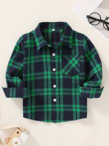 男嬰格紋圖案補丁口袋襯衫,柔軟舒服紳士風格