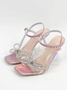 Women Rhinestone & Butterfly Decor Clear Sculptural Heeled Ankle Strap Sandals, Glamorous Sandals