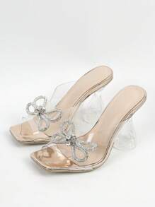 Women Rhinestone & Bow Decor Clear Sculptural Heeled Mule Sandals, Glamorous Sandals Valentines