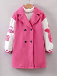 SHEIN Tween Girl Letter Graphic Double Breasted Drop Shoulder Overcoat Without Sweater - Hot Pink - View 1