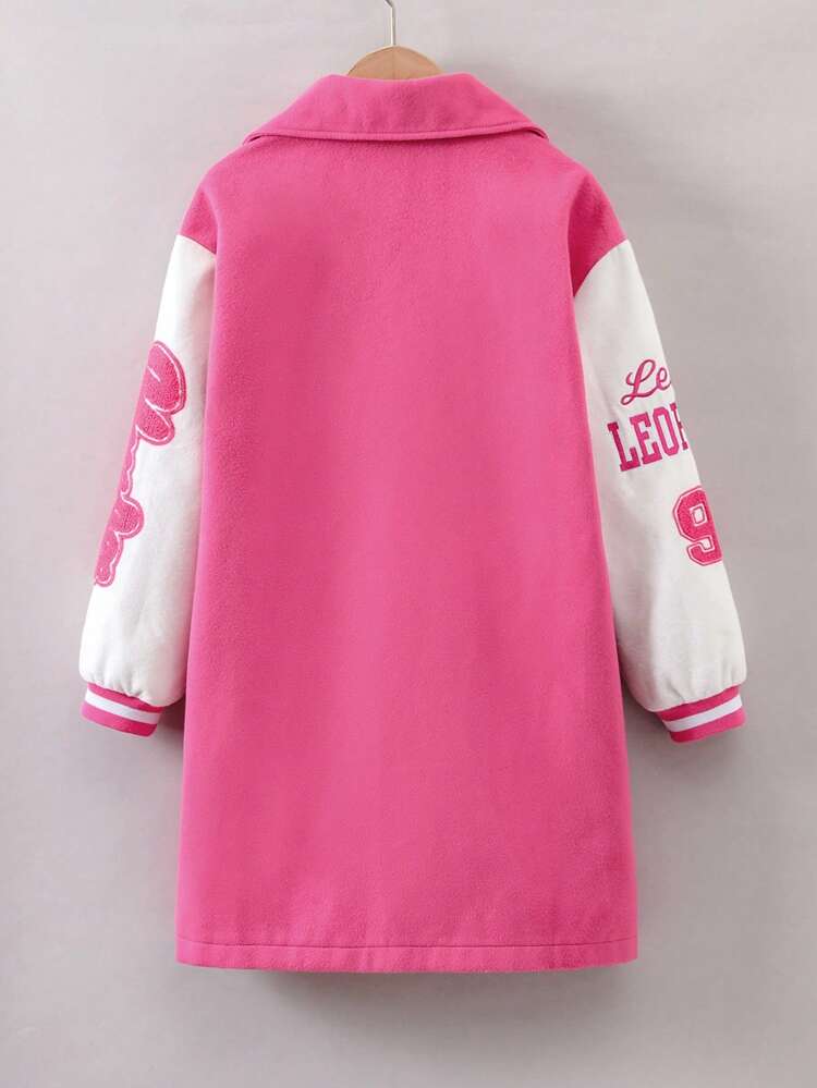 Tween Girl Letter Graphic Double Breasted Drop Shoulder Overcoat Without Sweater