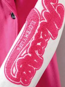 SHEIN Tween Girl Letter Graphic Double Breasted Drop Shoulder Overcoat Without Sweater - Hot Pink - View 3