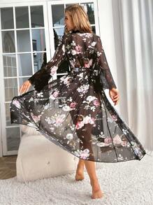 In hoa Ren tương phản Tay áo kèn  Thắt lưng Lưới ÁO choàng mặc nhà - màu đen - Xem 2