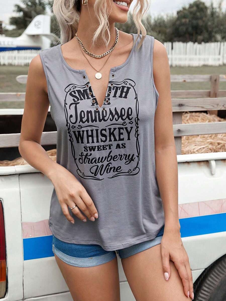 CILKOO Spring/Summer Letter Printed V-Neck Notched Women's Tank Top - Grey - View 1