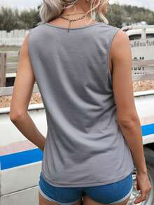 CILKOO Spring/Summer Letter Printed V-Neck Notched Women's Tank Top - Grey - View 2