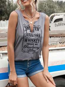 CILKOO Spring/Summer Letter Printed V-Neck Notched Women's Tank Top - Grey - View 3
