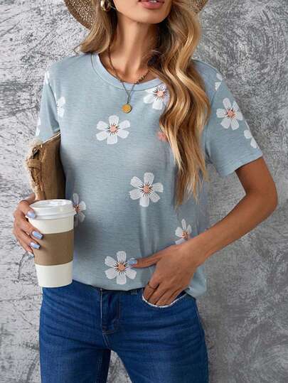 DOKOTOO Camiseta con estampado floral de cuello redondo