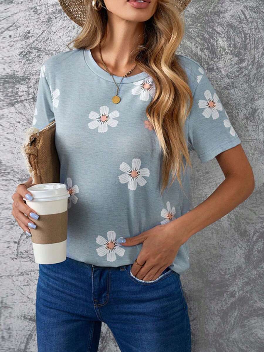 Floral Print Round Neck Tee - Grey - View 1