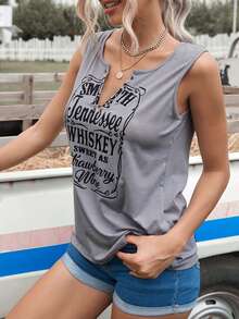 CILKOO Spring/Summer Letter Printed V-Neck Notched Women's Tank Top - Grey - View 4