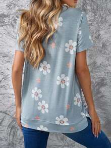 Floral Print Round Neck Tee - Grey - View 2