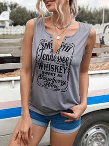 CILKOO Spring/Summer Letter Printed V-Neck Notched Women's Tank Top - Grey - View 5