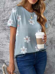 Floral Print Round Neck Tee - Grey - View 3