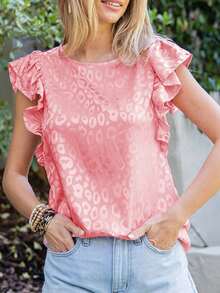 DOKOTOO Blusa de leopardo jacquard ribete con fruncido de satén - Rosa - Ver 3