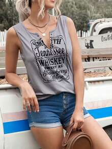CILKOO Spring/Summer Letter Printed V-Neck Notched Women's Tank Top - Grey - View 6