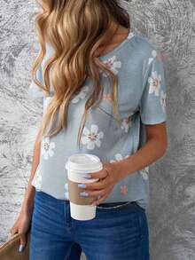 Floral Print Round Neck Tee - Grey - View 4