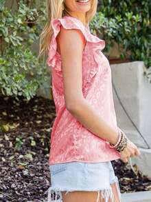 DOKOTOO Blusa de leopardo jacquard ribete con fruncido de satén - Rosa - Ver 4