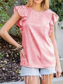 DOKOTOO Blusa de leopardo jacquard ribete con fruncido de satén - Rosa - Ver 5