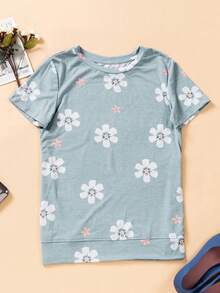 Floral Print Round Neck Tee - Grey - View 5