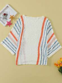 CILKOO Jersey con patrón de rayas de manga murciélago de punto de malla - Blanco - Ver 5