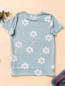 Floral Print Round Neck Tee - Grey - View 6