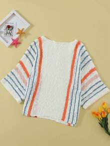 CILKOO Jersey con patrón de rayas de manga murciélago de punto de malla - Blanco - Ver 6