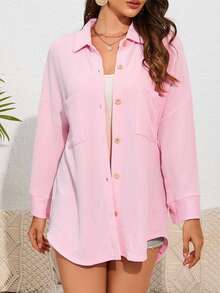 DOKOTOO 落肩袖口袋貼布前紐扣外套 - 粉色 - 查看 5