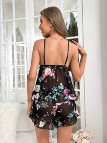 SHEIN 印花褶邊網紗睡衣套裝 - 黑色 - 查看 2