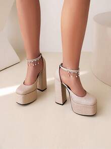 Glamorous Ankle Strap Pumps For Women, Glitter Rhinestone Decor Platform Chunky Heeled Pumps - Gold - View 3