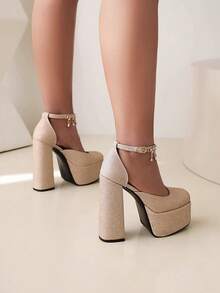 Glamorous Ankle Strap Pumps For Women, Glitter Rhinestone Decor Platform Chunky Heeled Pumps - Gold - View 4