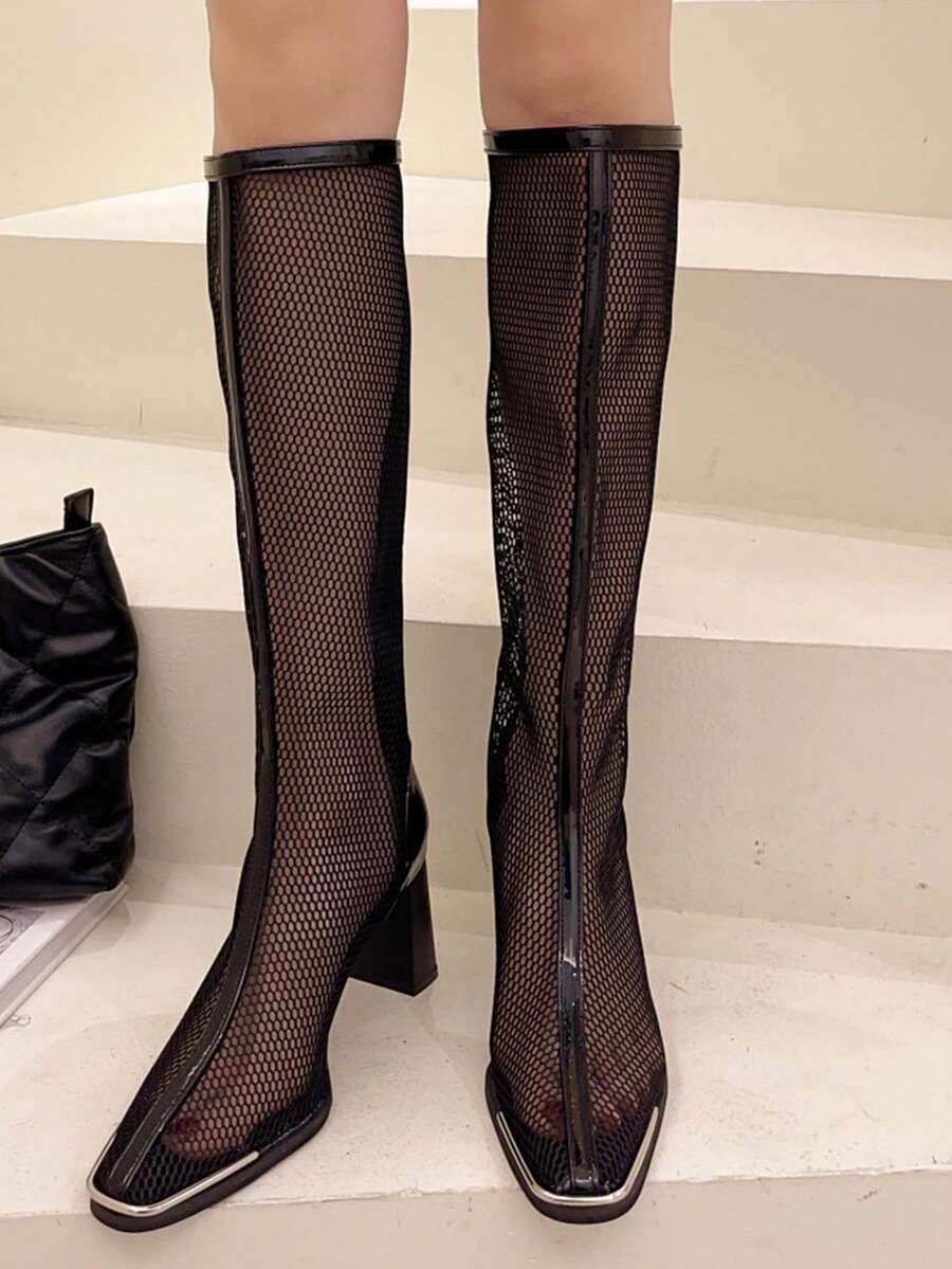 Thời trang Đen  Giày dép ống Đối với phụ nữ , Mảnh lưới Chóp giầy hình vuông Gót thô Giày ống - màu đen - Xem 1