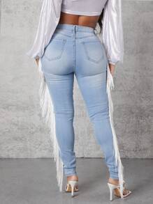 High Waist Ripped Fringe Trim Skinny Jeans - Light Wash - View 2