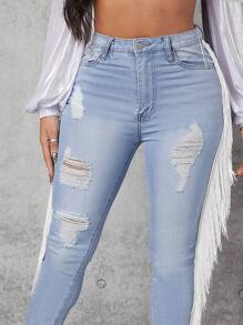 High Waist Ripped Fringe Trim Skinny Jeans - Light Wash - View 3