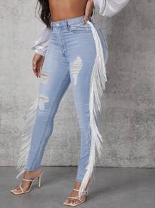 High Waist Ripped Fringe Trim Skinny Jeans - Light Wash - View 4