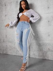 High Waist Ripped Fringe Trim Skinny Jeans - Light Wash - View 5