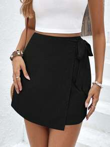 SHEIN Frenchy Side-Laced Back Zipper Summer Linen Straight Skirt Black Casual - Black - View 3
