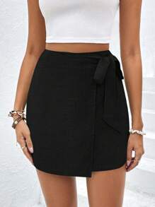SHEIN Frenchy Side-Laced Back Zipper Summer Linen Straight Skirt Black Casual - Black - View 4