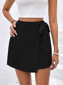 SHEIN Frenchy Side-Laced Back Zipper Summer Linen Straight Skirt Black Casual - Black - View 5
