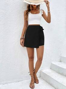 SHEIN Frenchy Side-Laced Back Zipper Summer Linen Straight Skirt Black Casual - Black - View 6