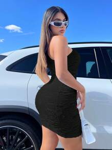 SHEIN SXY Um Ombro Rasgado Vestido Bodycon - Preto - Ver 2