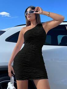 SHEIN SXY Um Ombro Rasgado Vestido Bodycon - Preto - Ver 3