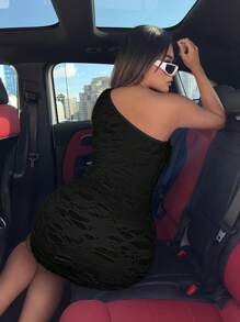 SHEIN SXY Um Ombro Rasgado Vestido Bodycon - Preto - Ver 4