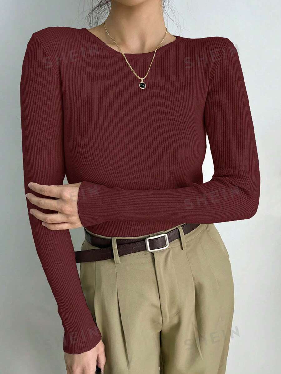 DAZY Suéter de punto acanalado de ajuste ceñido, estilo empresarial casual, ropa de mujer para otoño - Granate - Ver 1
